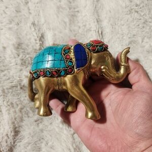 Brass Handcrafed  Engraved Elephant with Gem Stones Raised Trunk Good Luck 5'